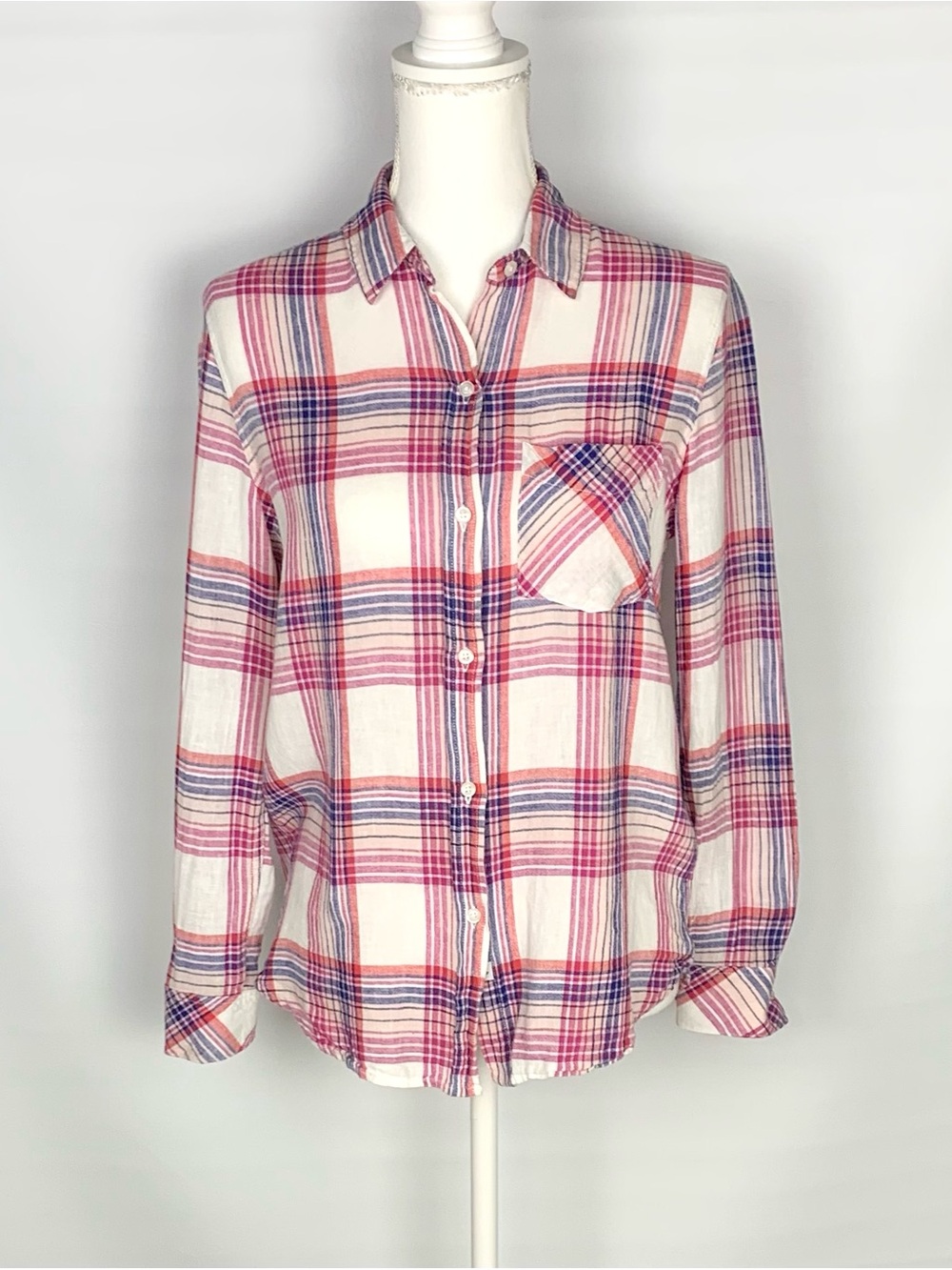 Rails Women S Charli Blouse Linen Blend Plaid White Peach Fuchsia Lightweight